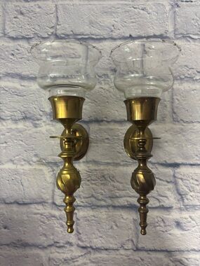 Vintage Wall Sconce Brass Candle Holders & Glass Globes - 10" - India - Set Of 2